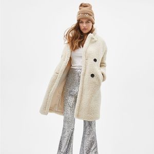 Bershka Faux Shearling Teddy Coat Cream